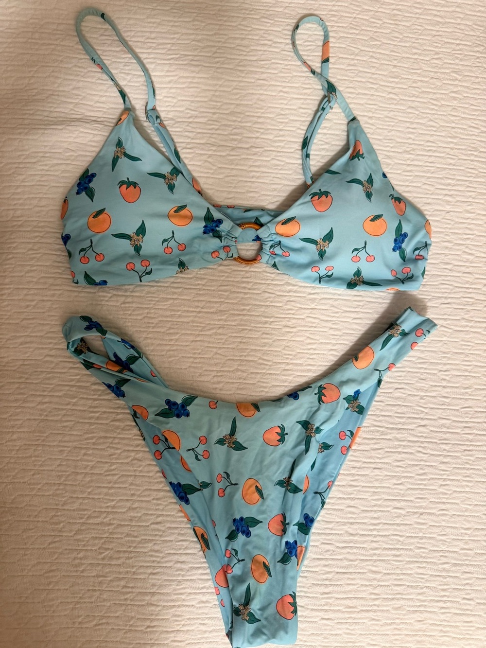 Light Blue Fruit-Print Ring-Front Bikini Set